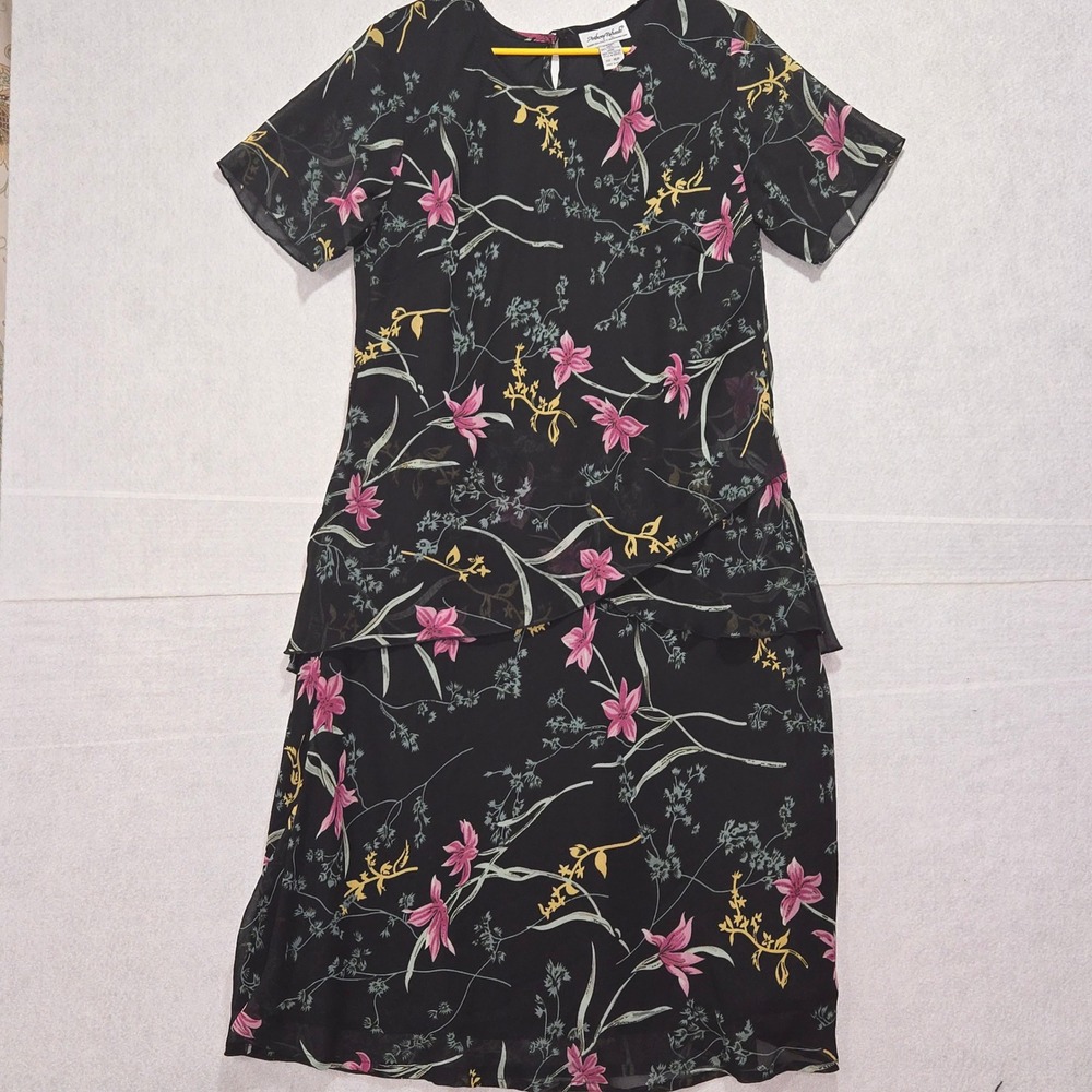 Anthony Richards Black Floral Tiered Sheer Overlay‎ Midi Dress Size 16P